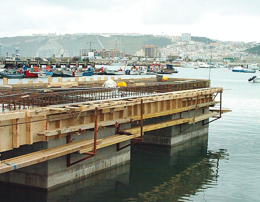 Sistema de atraque, ordenamiento de embarcaciones de pesca y rampa del puerto en Nazaré